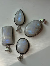 Load image into Gallery viewer, Rainbow Moonstone 925 sterling silver pendants in various shapes with blue flash